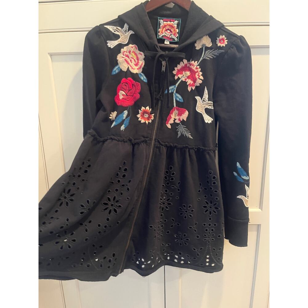 Johnny Was Junia Embroidered Hoodie Coat Black French Terry Eyelet Lace XXS NWOT - Picture 4 of 9